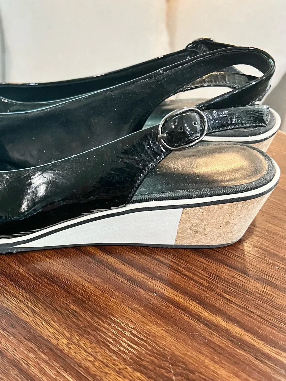 Vaneli Black Patent Peep-Toe Wedge Slingbacks. Size 10